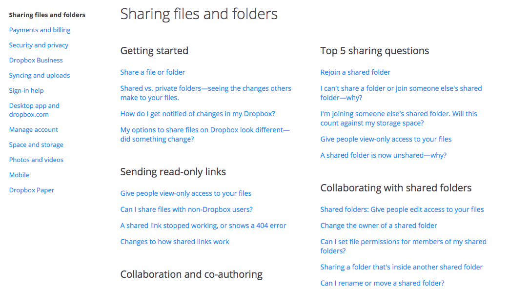 Dropbox Table of Contents
