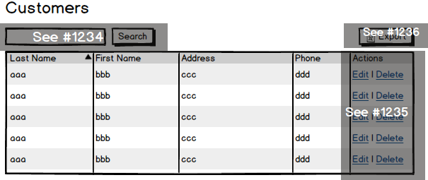 Wireframe of a data grid with user stories’ numbers on 3 different areas: search, export, and edit and delete functionality.